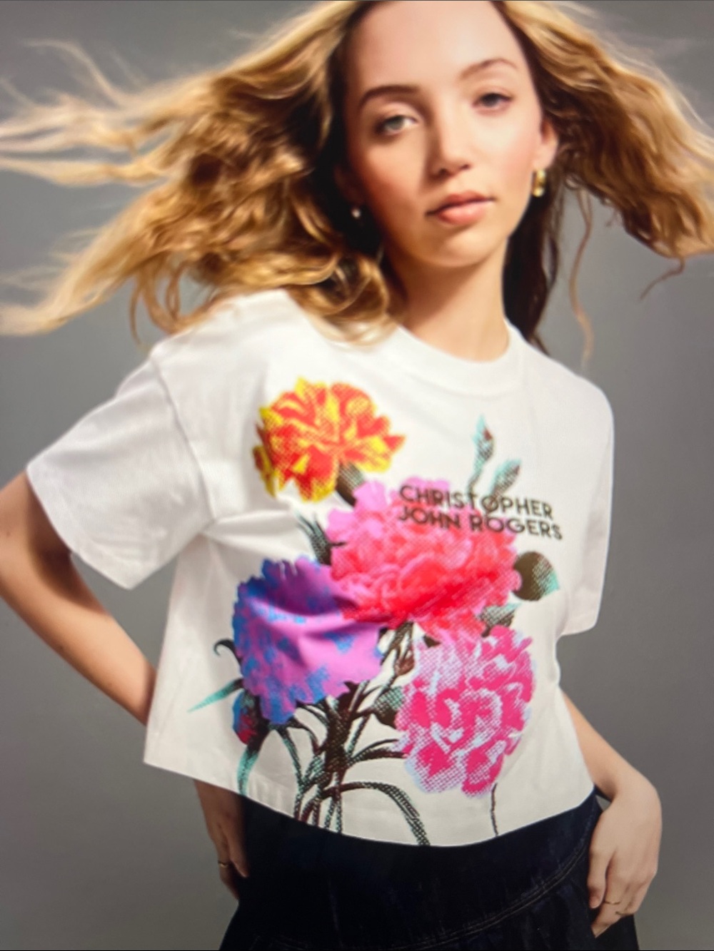 Christopher John Rogers White Floral Pixelated Crop Tee